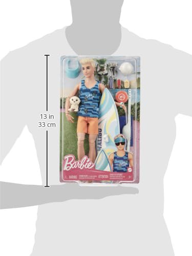 Poseable Blonde Ken Beach Doll with Surfboard and Pet Puppy O3061