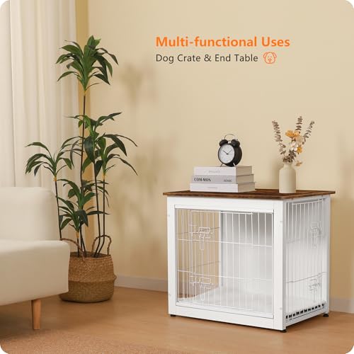 Dog Crate Furniture with Cushion, Wooden Kennel Table with Double Doors, Dark Gray H39636