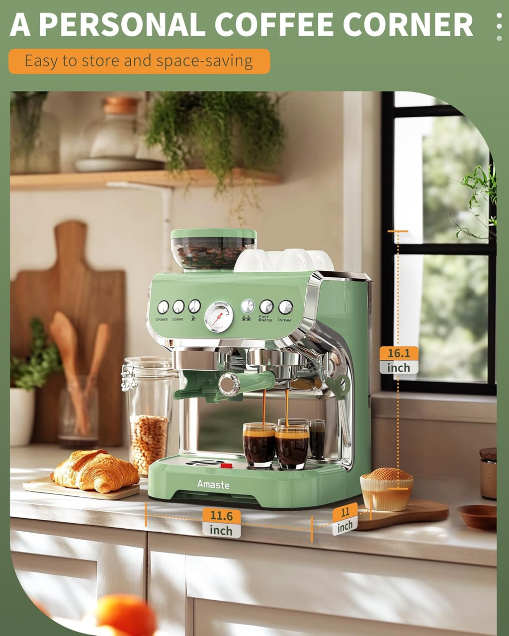 15 Bar Espresso Machine with Grinder and Steam Wand, 68Oz Water Tank, Green U75472