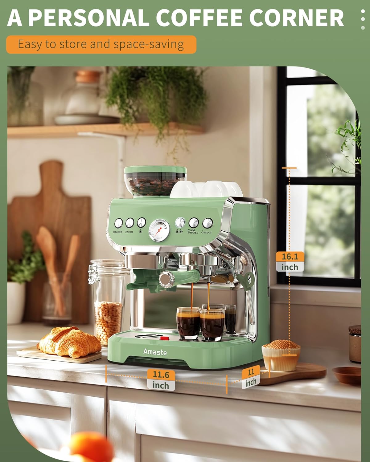 15 Bar Espresso Machine with Grinder and Steam Wand, 68Oz Water Tank, Green U75472