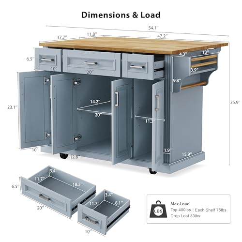 Green Large Kitchen Island with 2 Drop Leaf, 3 Drawers, 55.7" B9614
