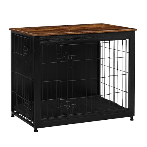 Dog Crate Furniture with Cushion, Wooden Kennel Table with Double Doors, Dark Gray H39636