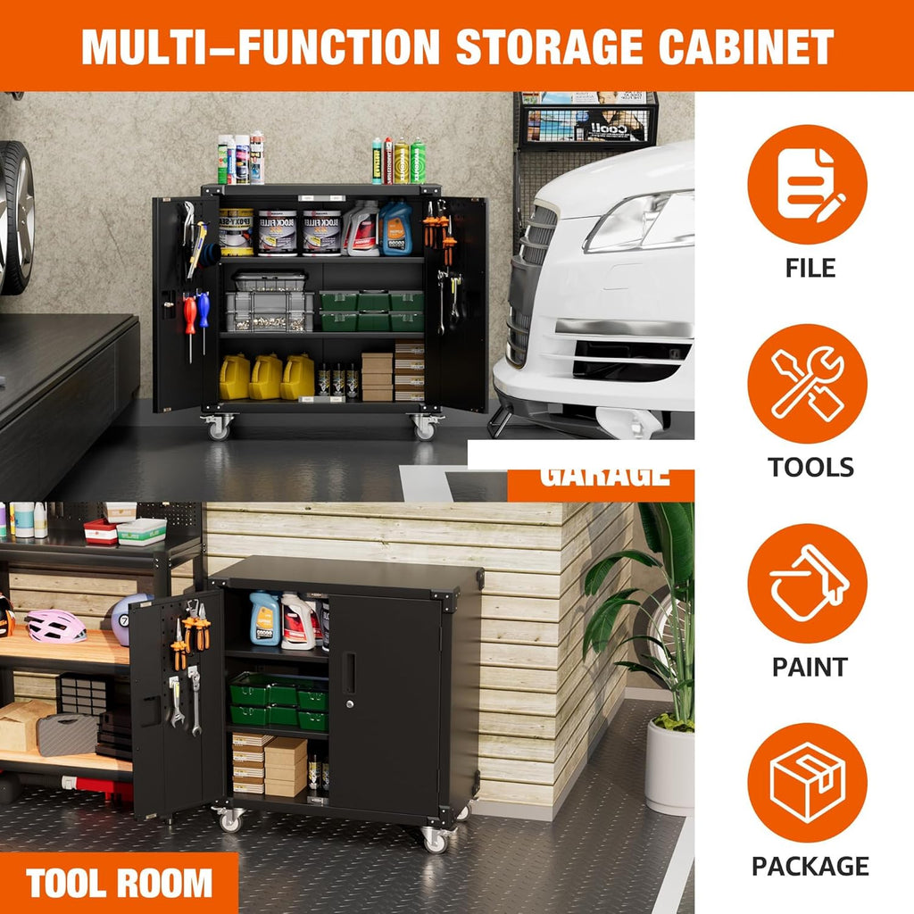 Black Metal Steel Storage Cabinet with Wheels and Pegboard I9212