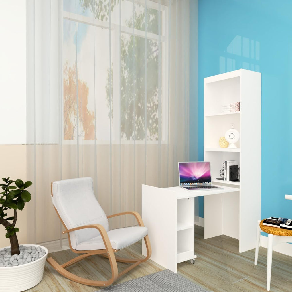 White Queen Size Vertical Murphy Bed with Desk and Drawers J502