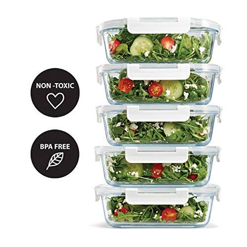 5-Pack Two Compartments Glass Storage Containers with Locking Lids, 27 oz. H851
