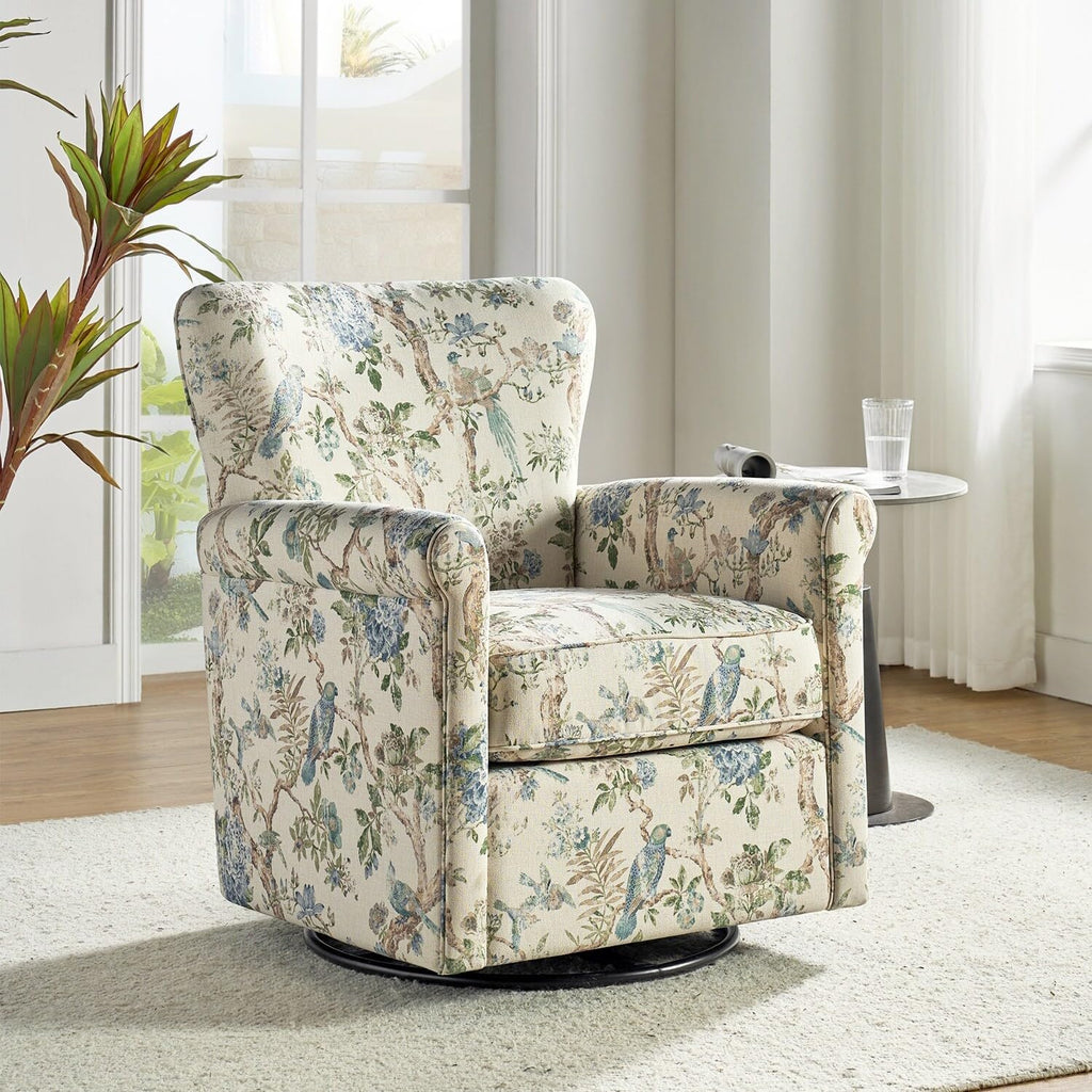 Floral Fabric Swivel Rocker Chair with Rolled Armrest R717759