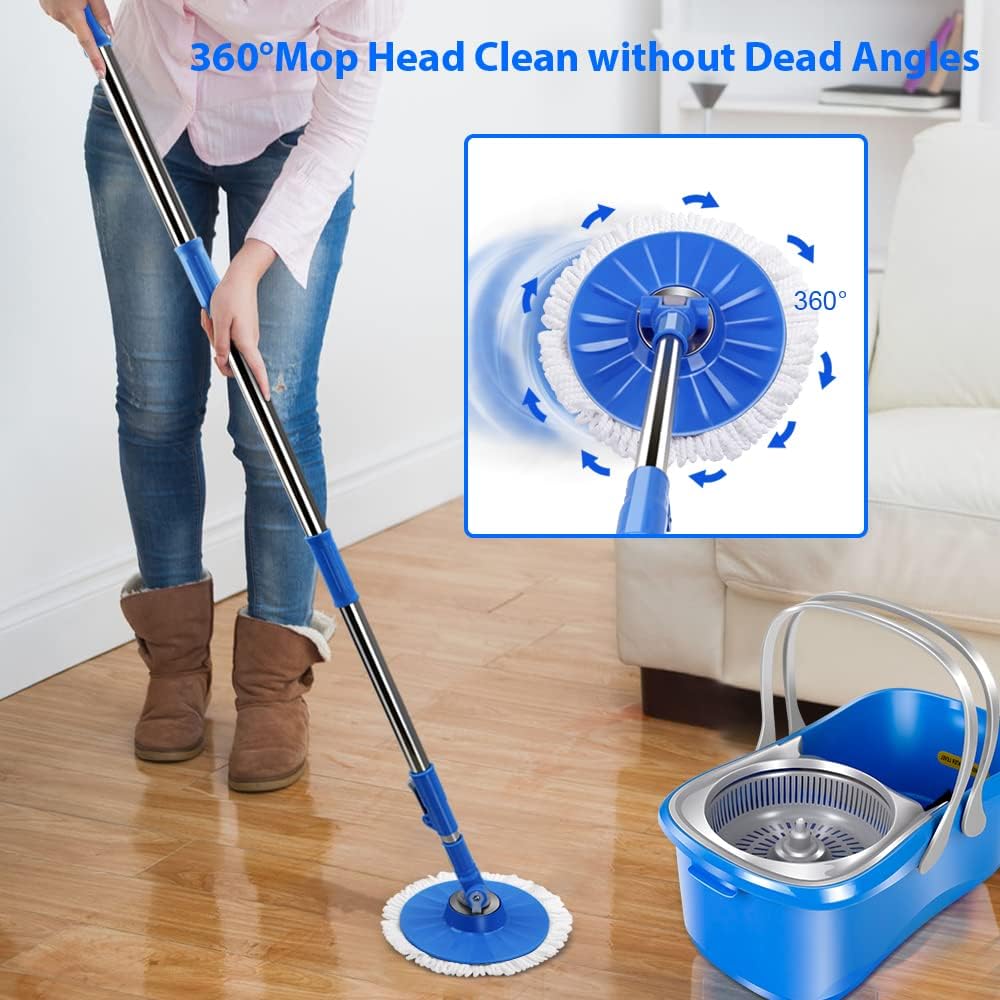 Spin Mop and Bucket with Wringer Set, Microfiber Mops Bucket, Stainless Steel Handle & 5 Reusable Pads I9225