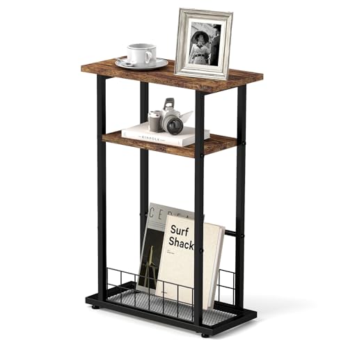 3-Tier Narrow End Table with Magazine Holder Rustic Brown X955