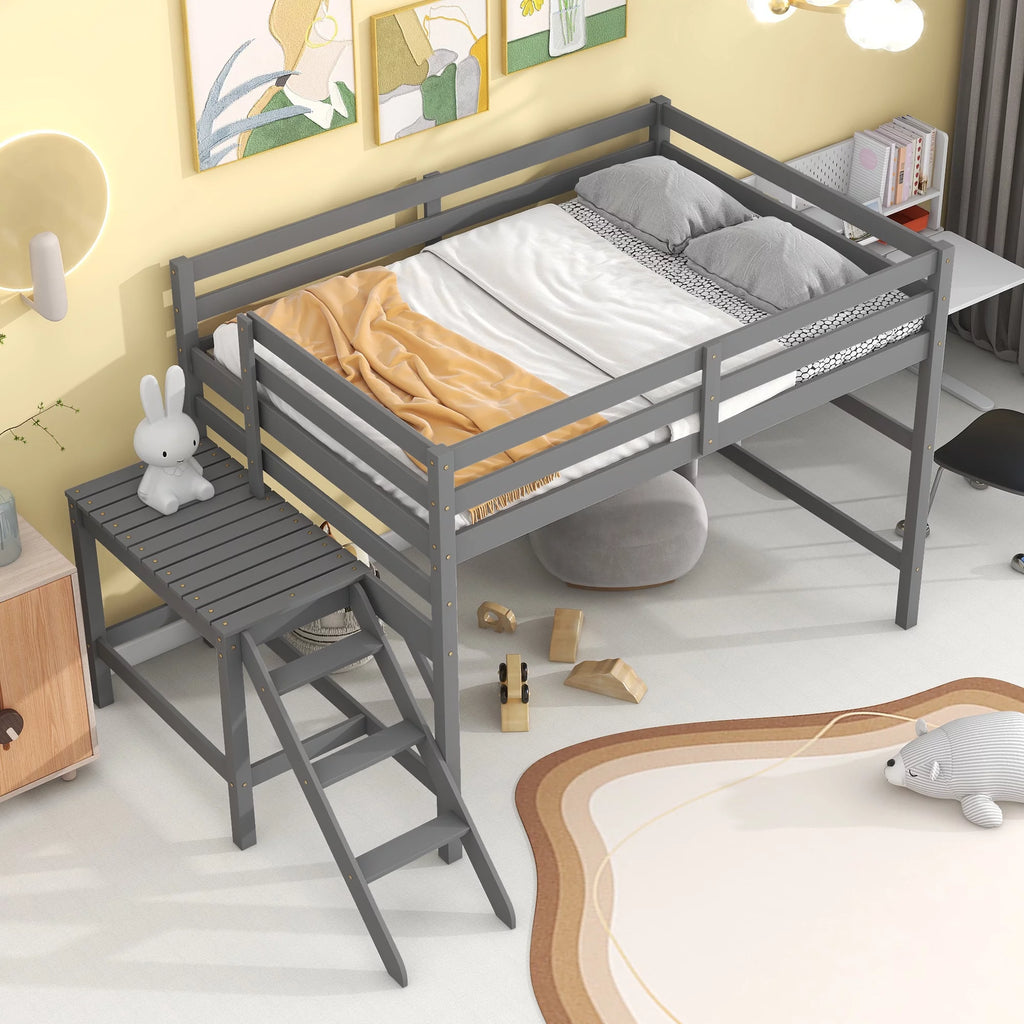 Gray Full Wood Loft Bed with Safety Rail and Ladder H69359