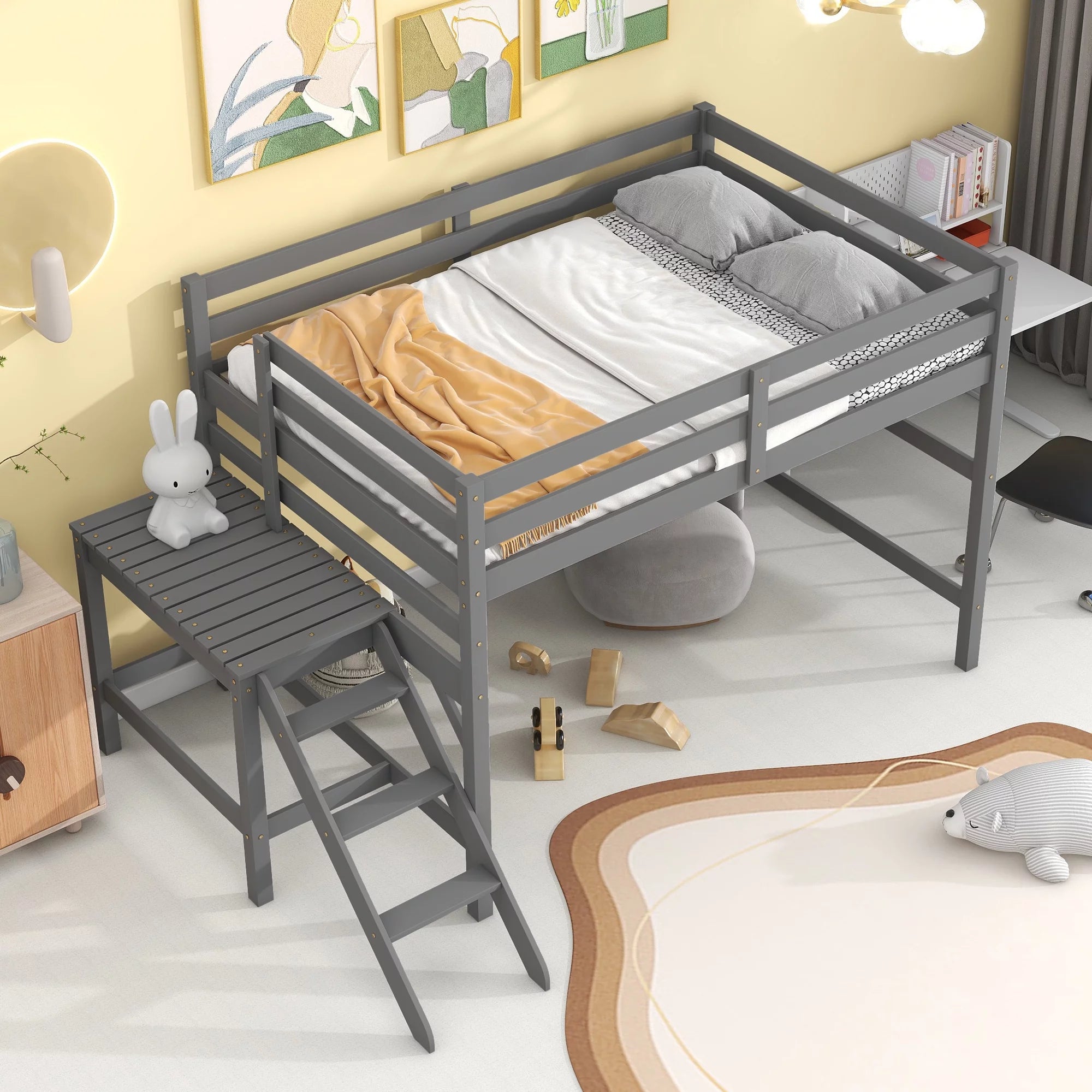 Gray Full Wood Loft Bed with Safety Rail and Ladder H69359