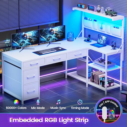 Black L Shaped Gaming Desk with 5 Drawers, Storage Shelves, LED Lights, Power Outlets and Storage Bag N67449