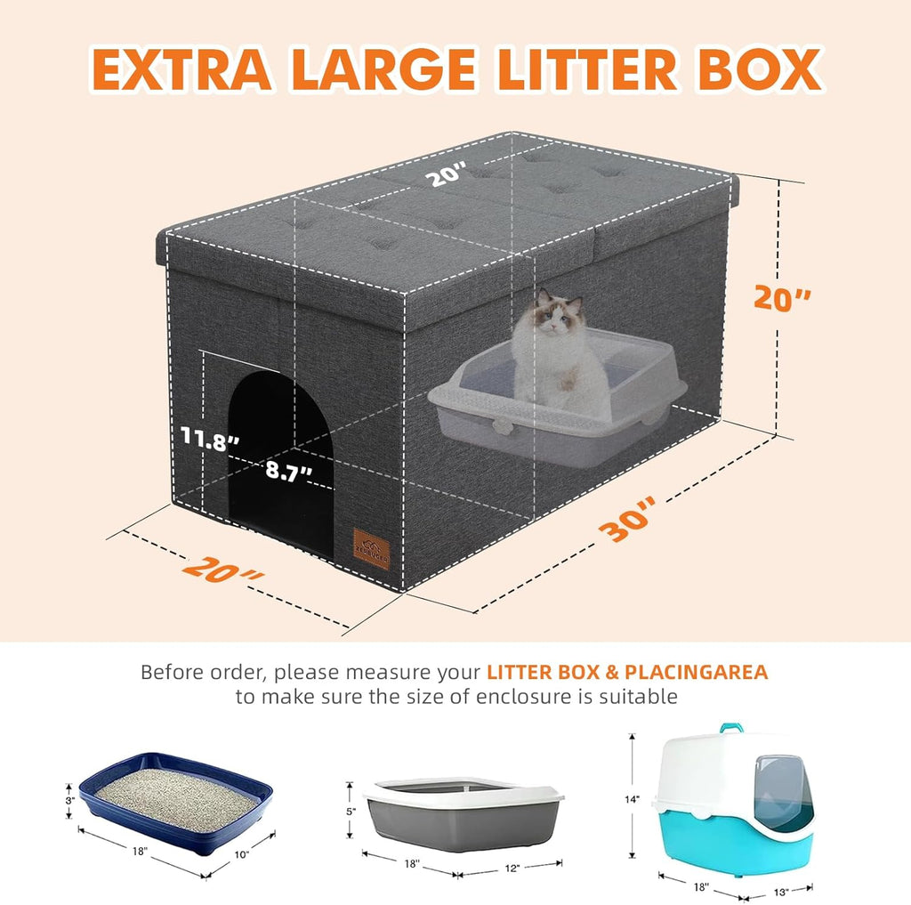 Gray Cat Litter Box Enclosure Furniture Ottoman with Flip-Up Lid (30 x 20 x 20 Inches) F12788