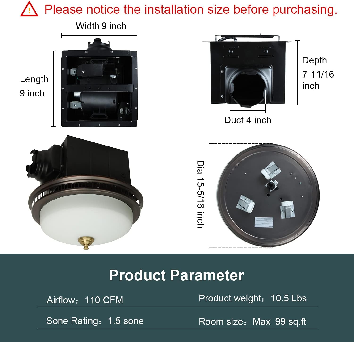 Bronze Round Exhaust Bathroom Fan with Light and Nightlight K521