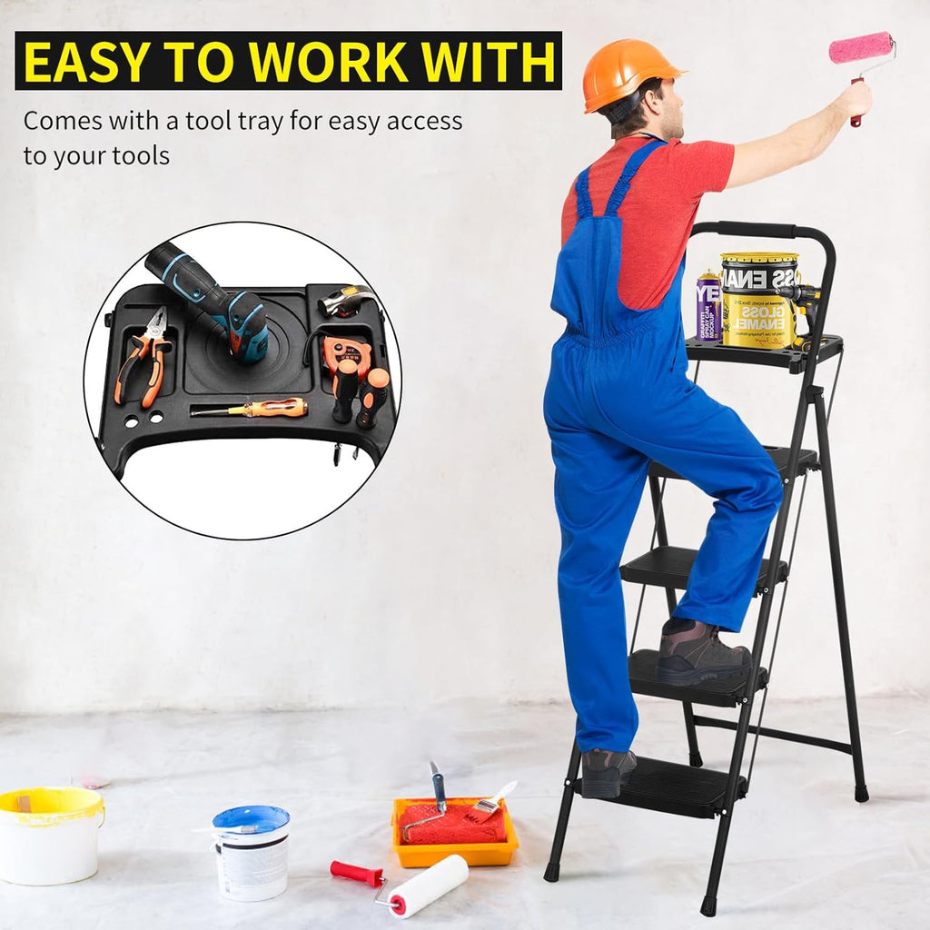 Black Steel Folding Step Stool with Tool Tray M117