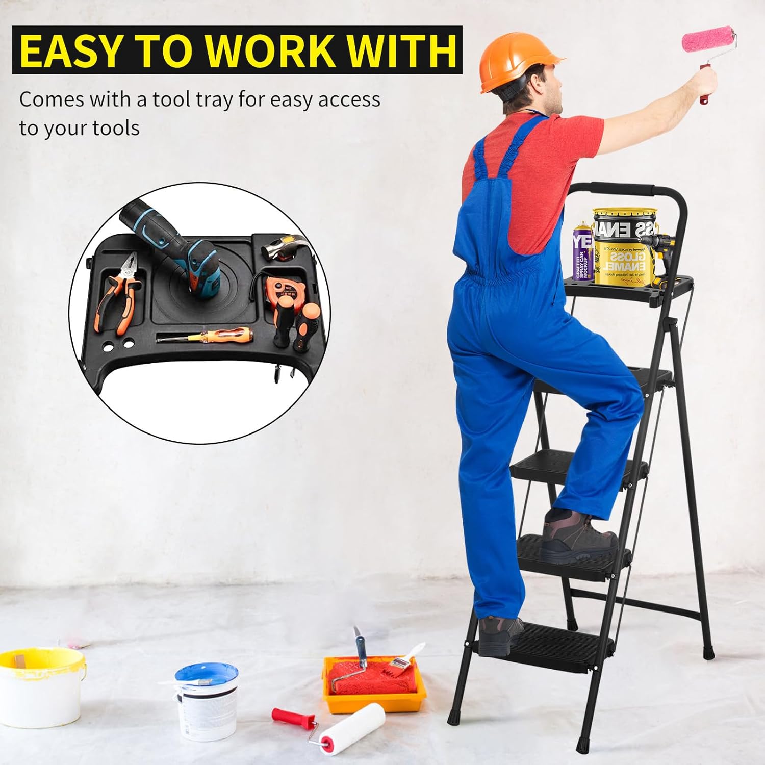 Black Steel Folding Step Stool with Tool Tray M117