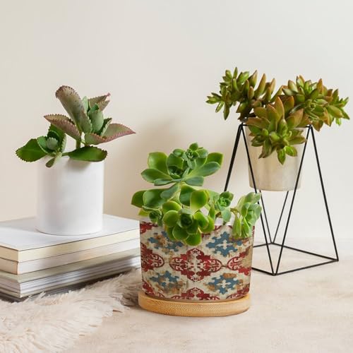 Blue And White Porcelain Ceramic Round Plant Pot with Drainage Holes And Bamboo Tray E588578