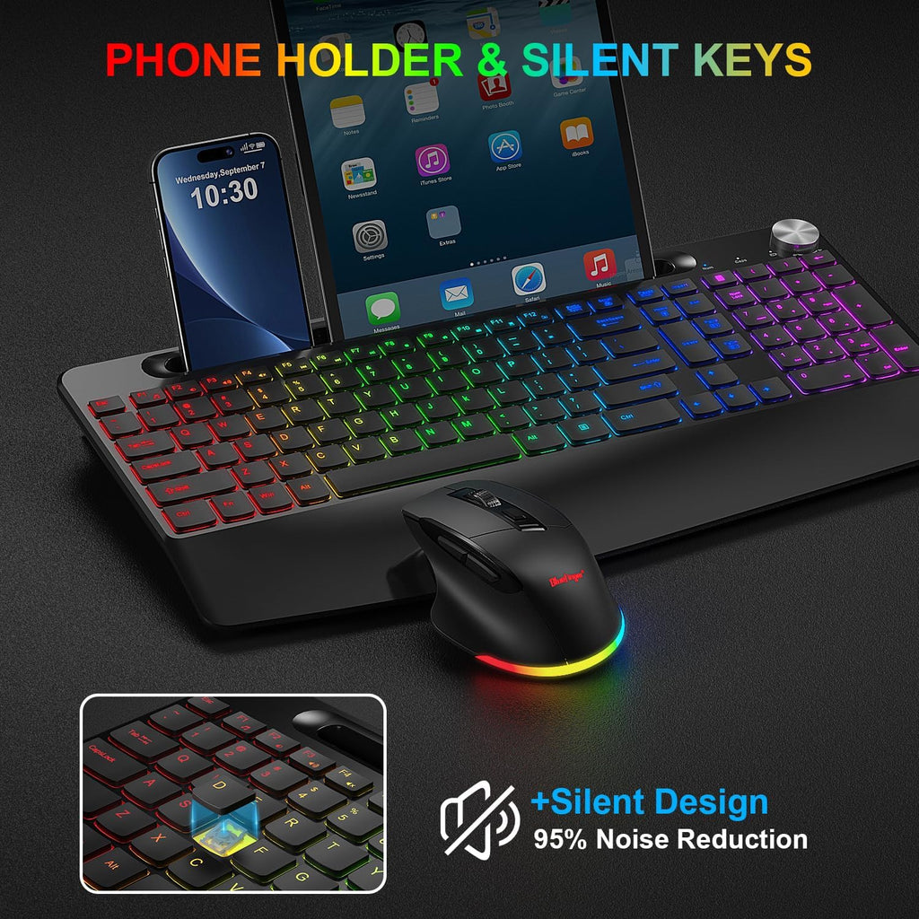 Wireless Keyboard and Mouse Combo, 2.4G Rechargeable Ergonomic Gaming Keyboard with Wrist Rest J3155