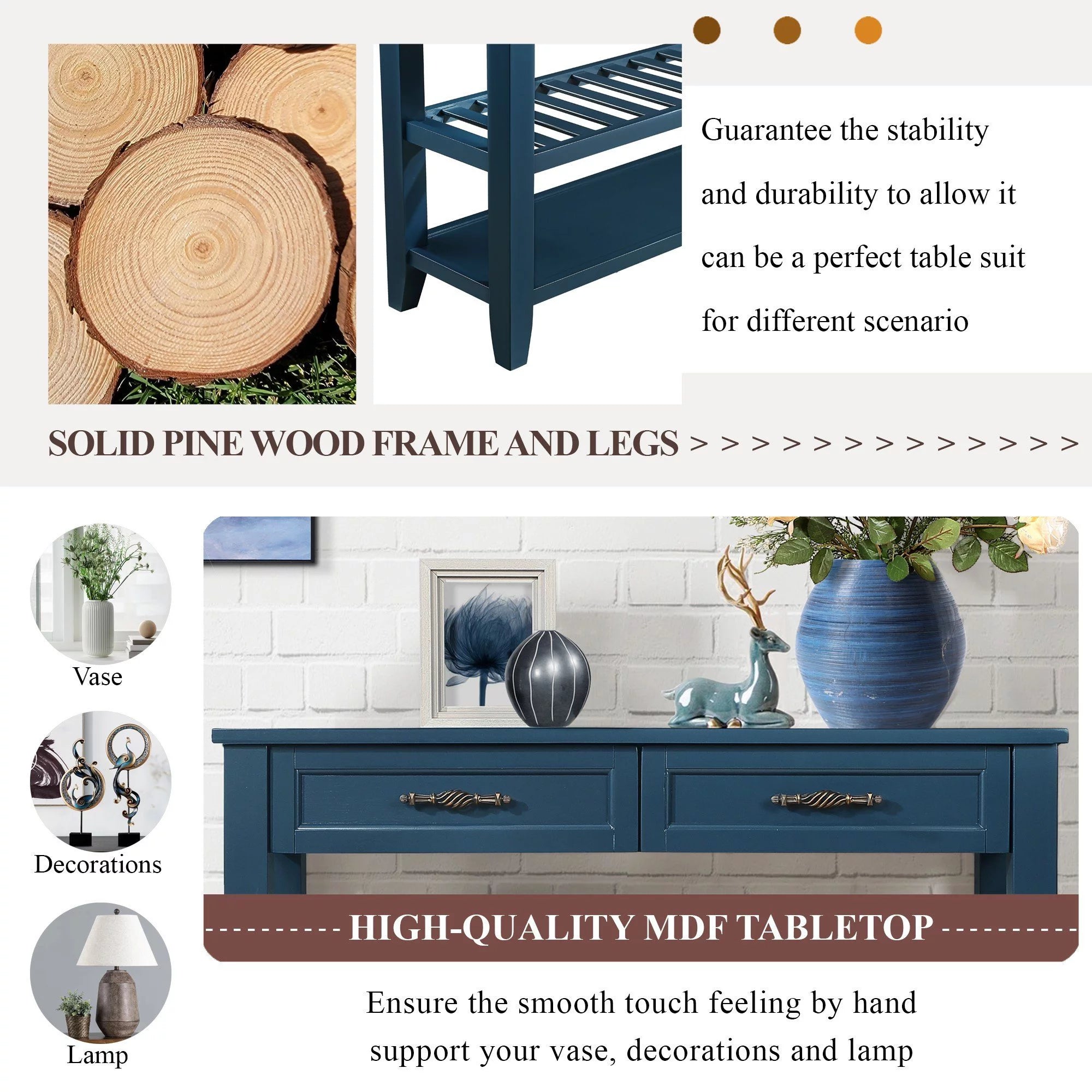 Navy Blue 42'' Solid Wood Console Sofa Table with 2 Drawers and 2 Shelves D790