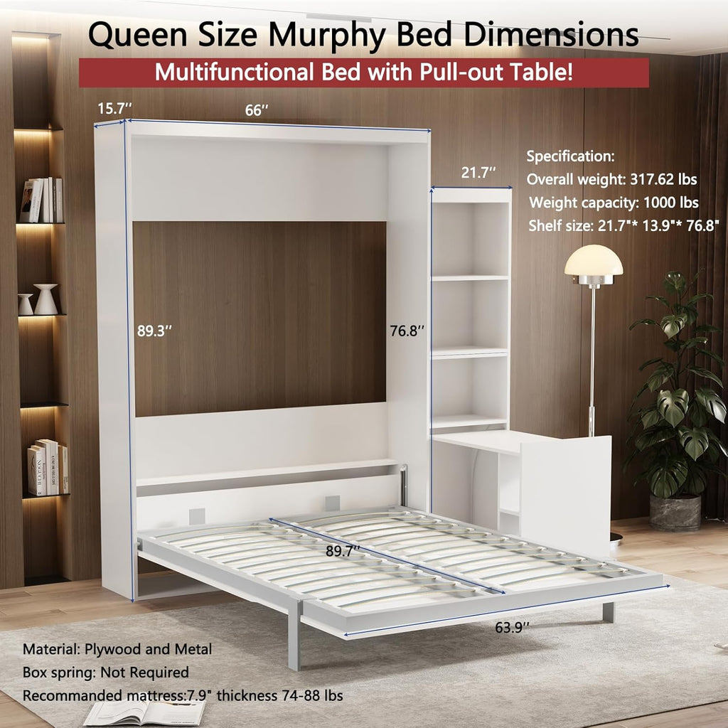 White Queen Size Vertical Murphy Bed with Desk and Drawers J502