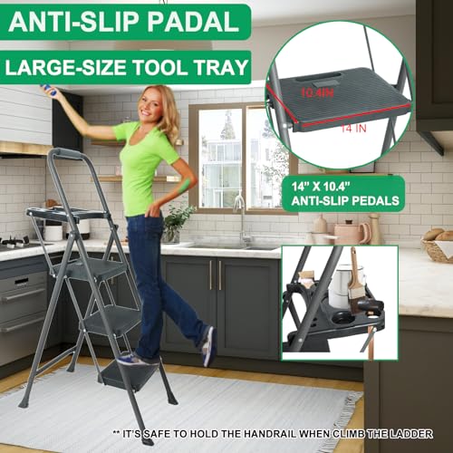 Folding Step Stool with Handrails and Tool Tray Platform, 330lbs W1598