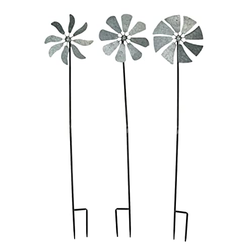 Set of 3 Galvanized Grey Wind Spinner Garden Stakes, 41 Inches High P366833