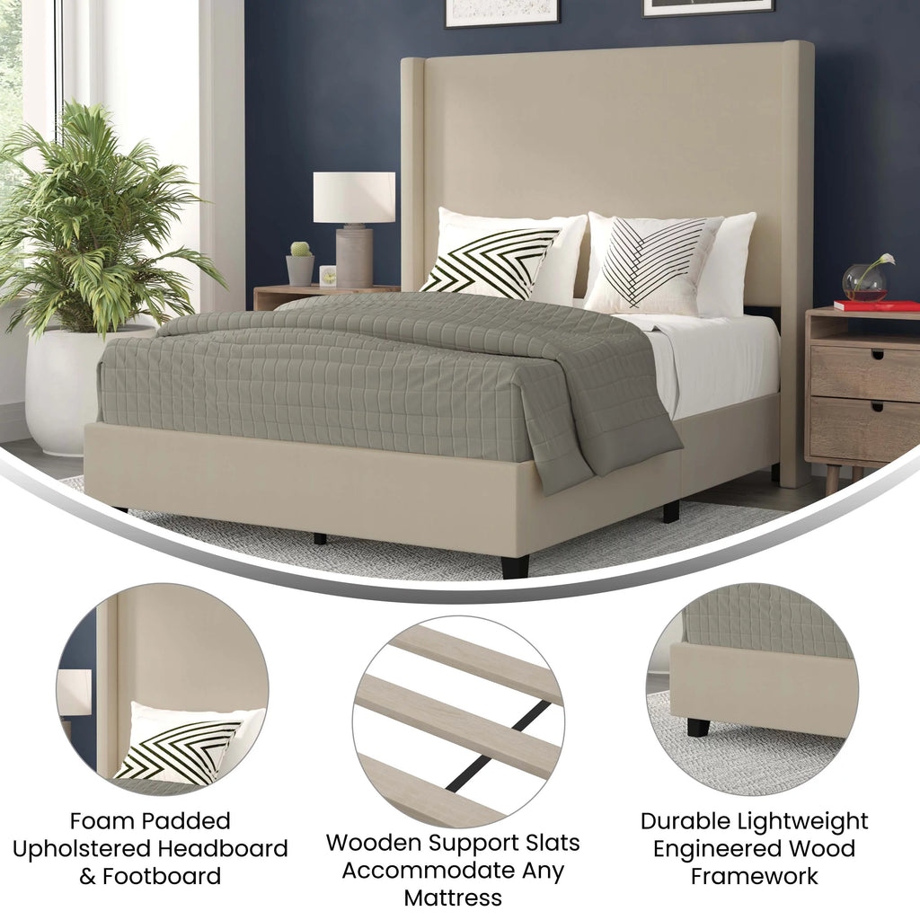 Beige Queen Size Platform Bed Frame with Padded Faux Linen Upholstered Wingback Headboard J85228