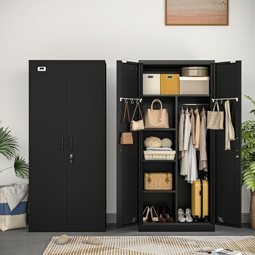 Black Metal Armoire Wardrobe with 2 Doors, 1 Adjustable Shelf, 2 Drawers, and Hanging Rod G14026