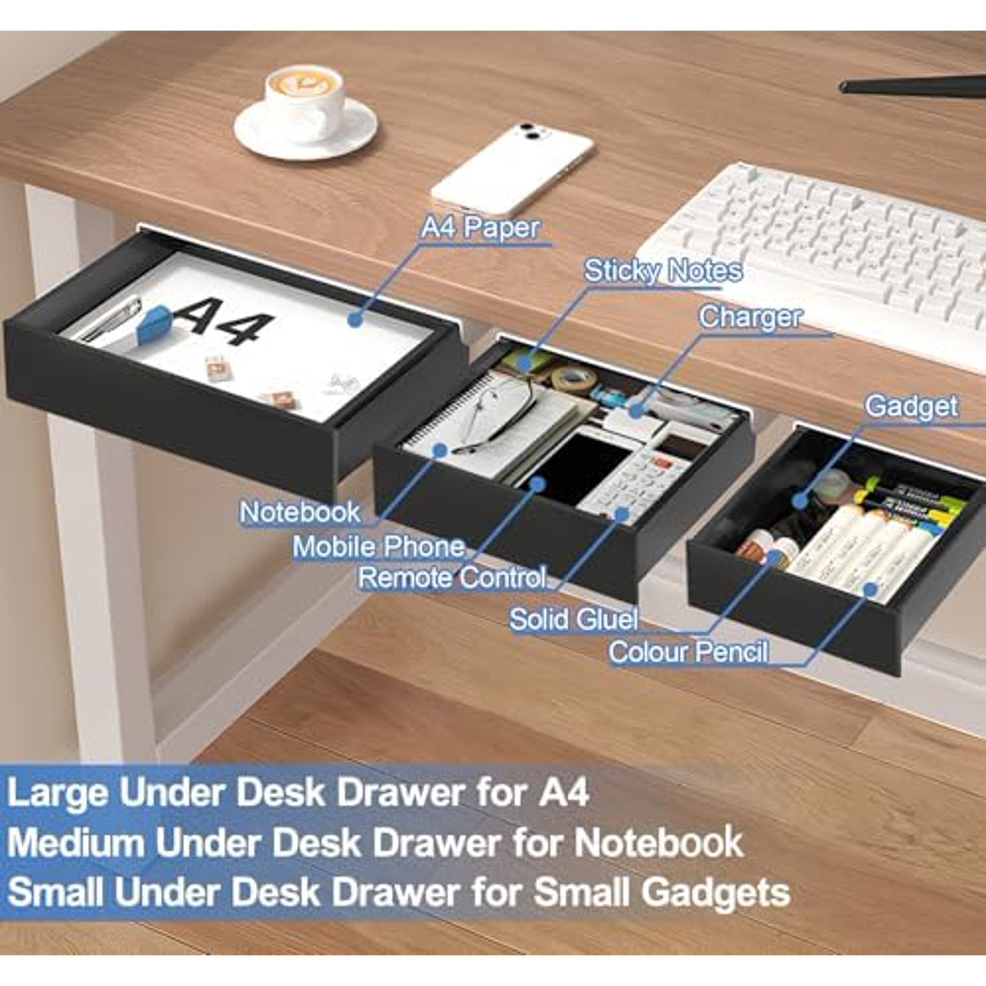 3 Pack Slide Out Desk Drawers, Black V240285