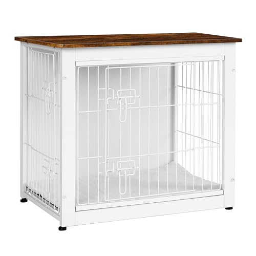 Dog Crate Furniture with Cushion, Wooden Kennel Table with Double Doors, Dark Gray H39636