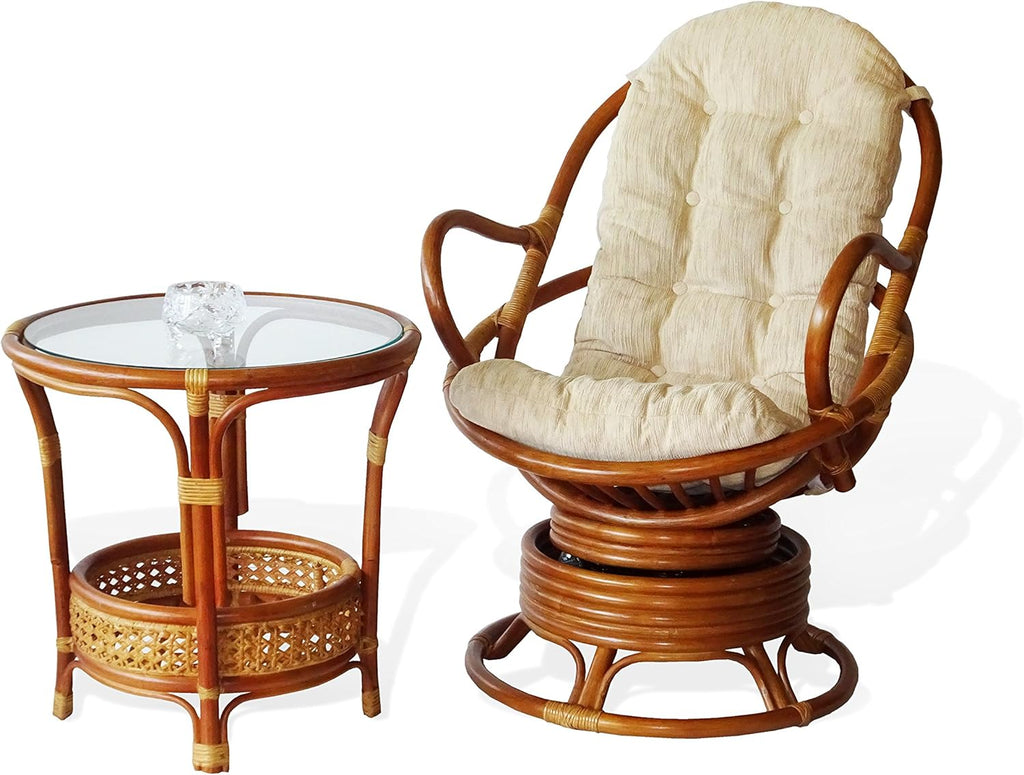 2 PC Natural Rattan Swivel Rocking Chair Set with Cream Cushion and Coffee Table S5059