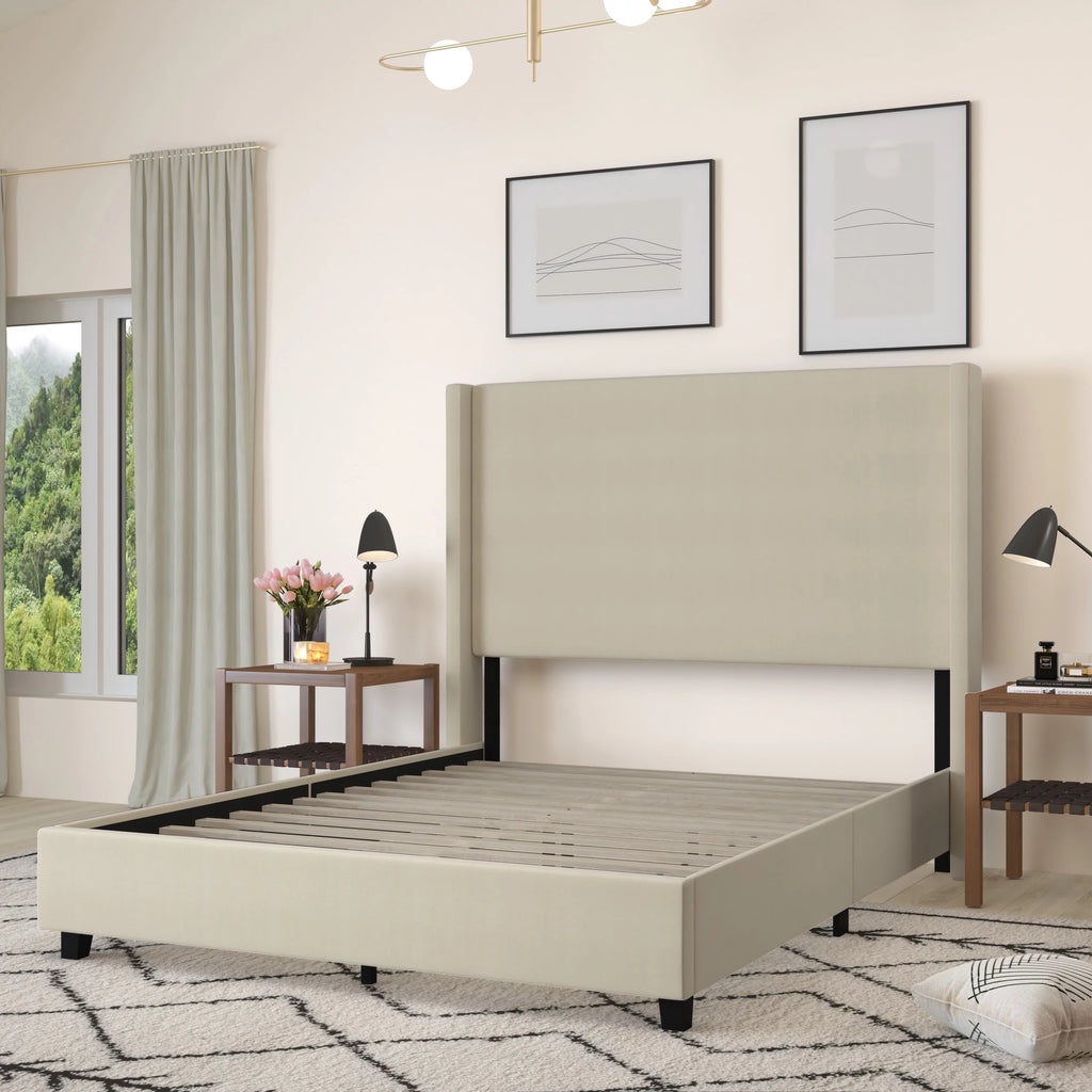 Beige Queen Size Platform Bed Frame with Padded Faux Linen Upholstered Wingback Headboard J85228