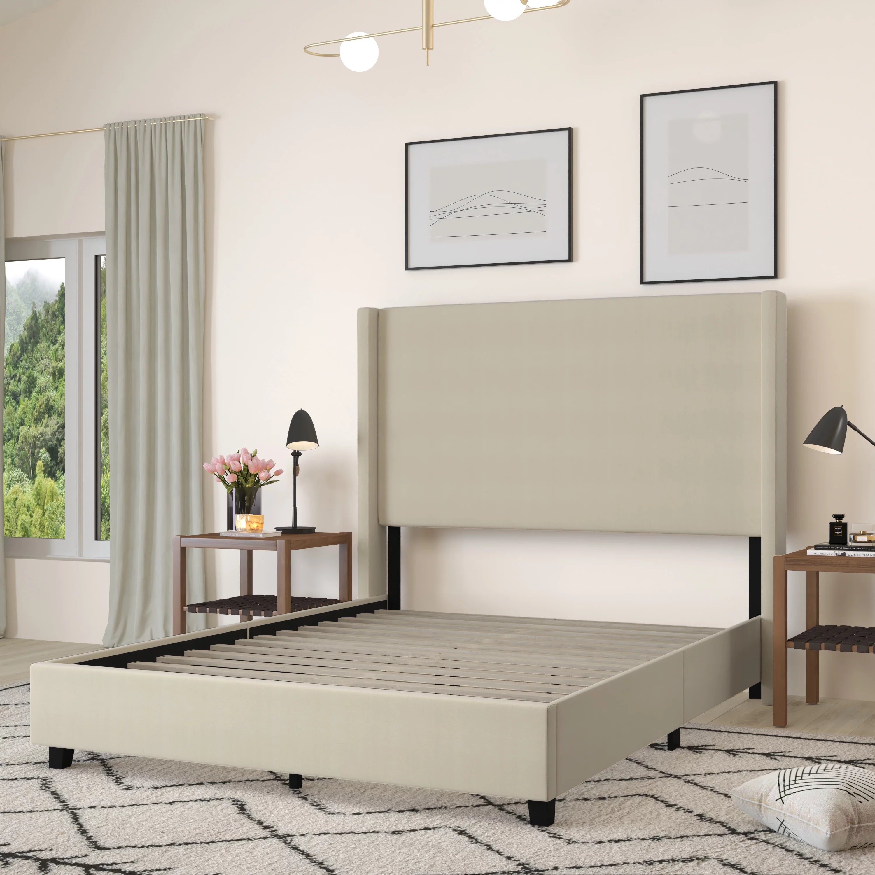 Beige Queen Size Platform Bed Frame with Padded Faux Linen Upholstered Wingback Headboard J85228