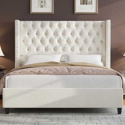 King Upholstered Bed Frame with Tall Headboard Wingback Platform Bed Tufted Deep Button Velvet Light Grey X1926