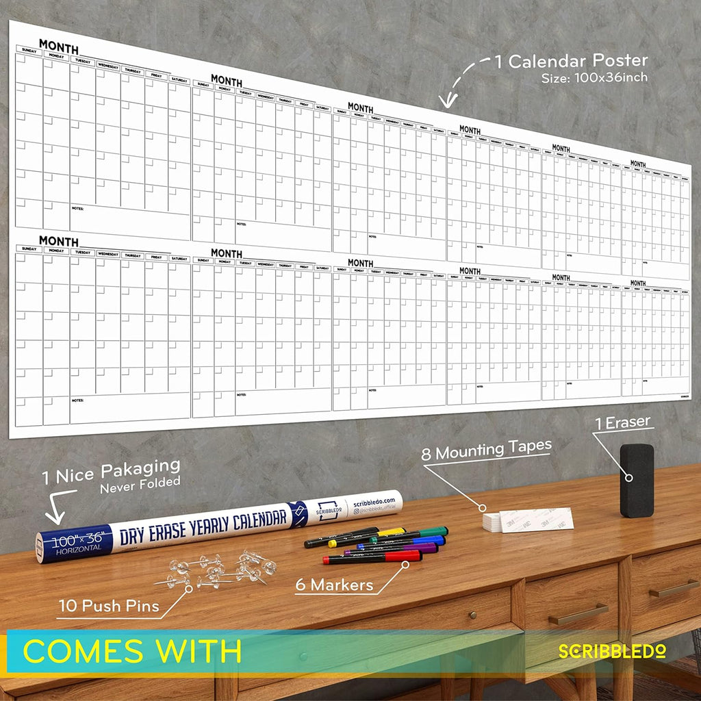 100"x36" White Board Calendar Dry Erase Wall Calendar X207331