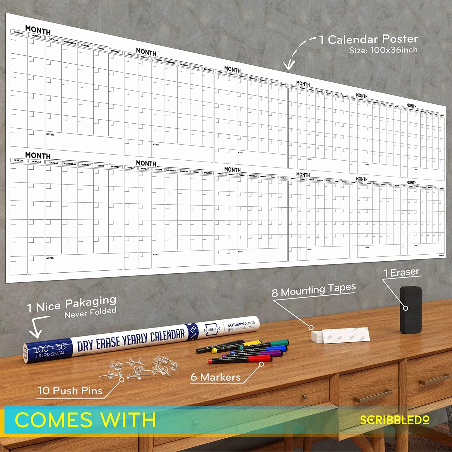 100"x36" White Board Calendar Dry Erase Wall Calendar X207331