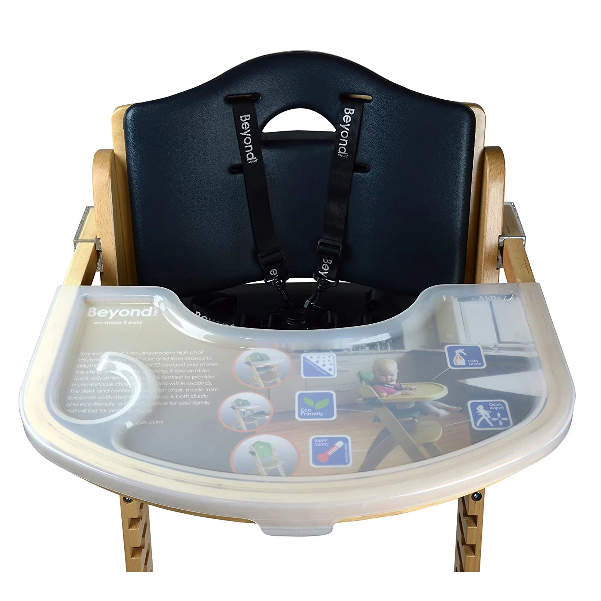Natural Wood Black Cushion Adjustable Wooden High Chair with Tray S258