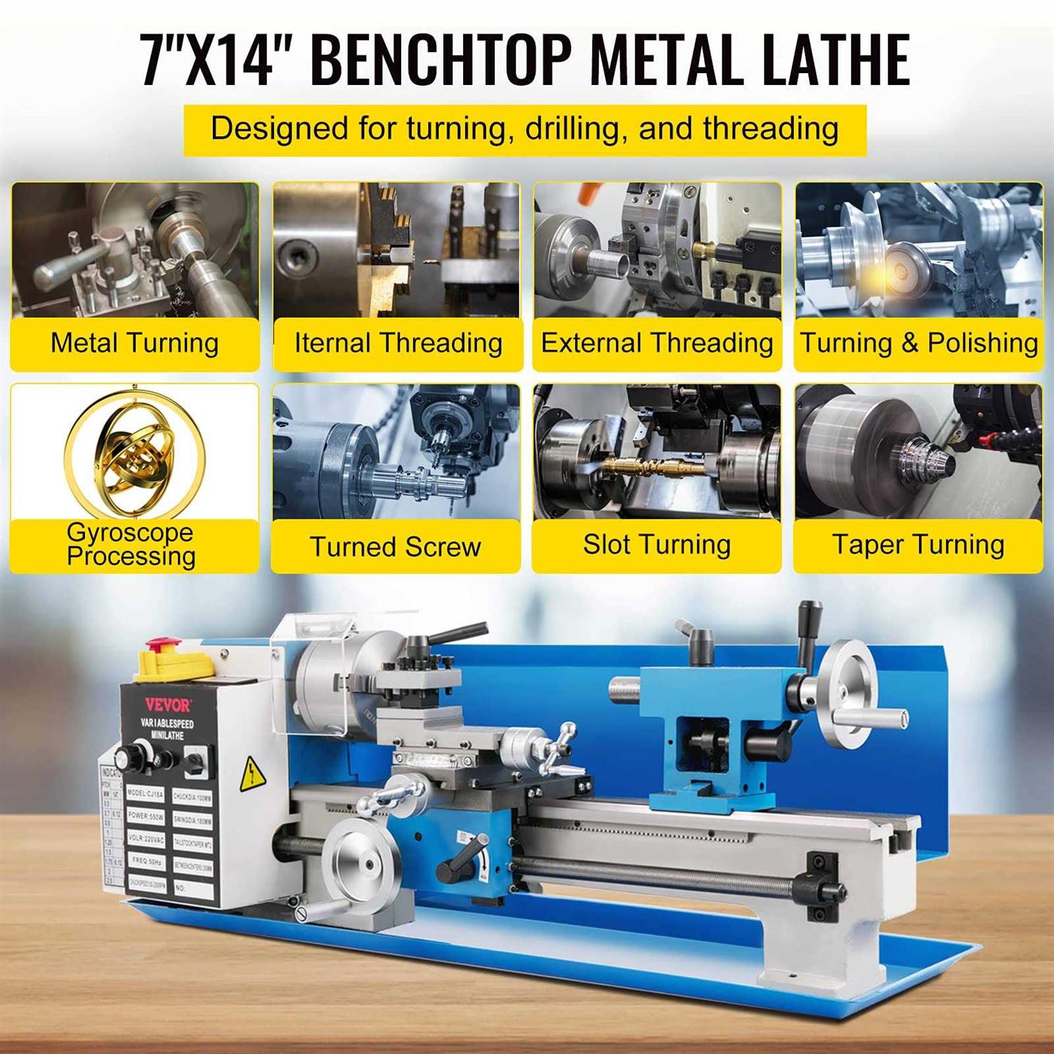 Mini Metal Lathe 7x14 Benchtop 550W Variable Speed Metal Lathe O460