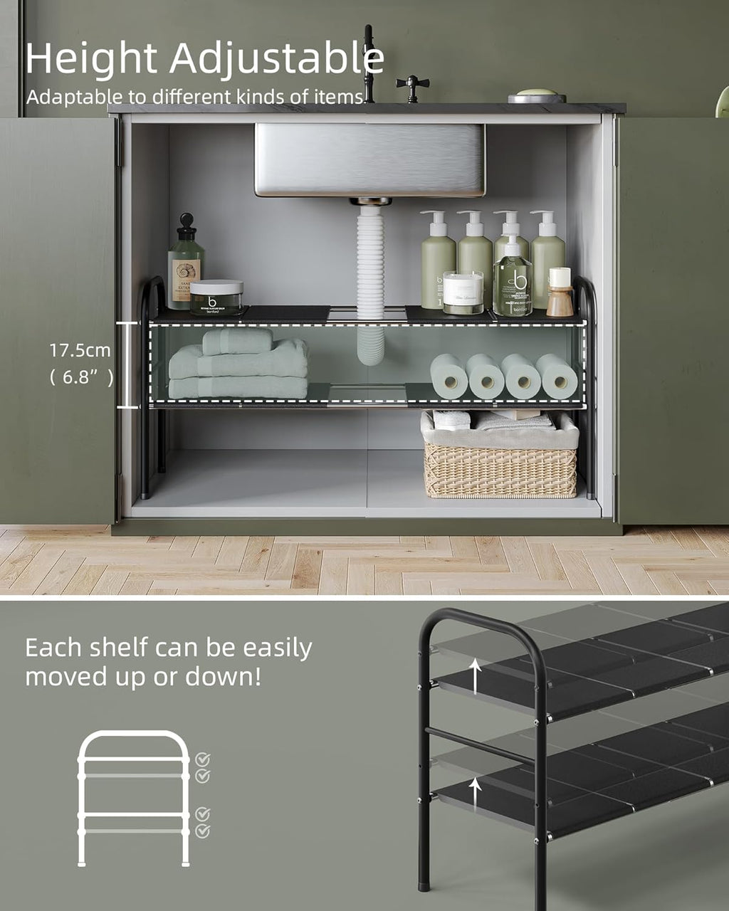2 Tier Expandable Under Sink Organizer Shelf with 8 Removable Panels L77334