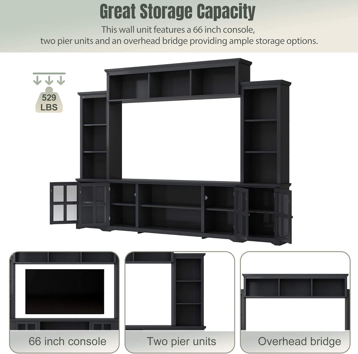 Black Entertainment Wall Unit with Glass Doors & Shelves Z91771