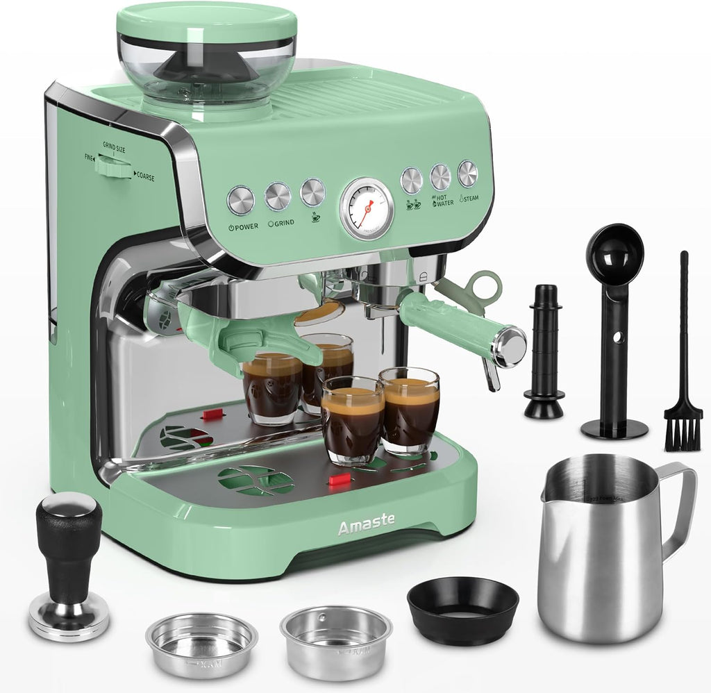 15 Bar Espresso Machine with Grinder and Steam Wand, 68Oz Water Tank, Green U75472