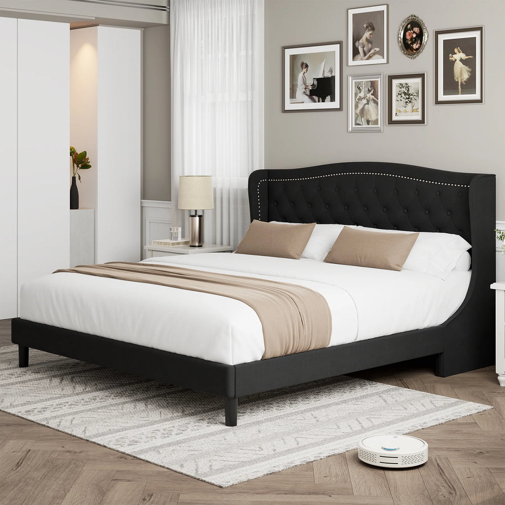 Black Full Bed Frame with Wing-Back Button Tufted Upholstered Headboard and Wood Slat Support O735681