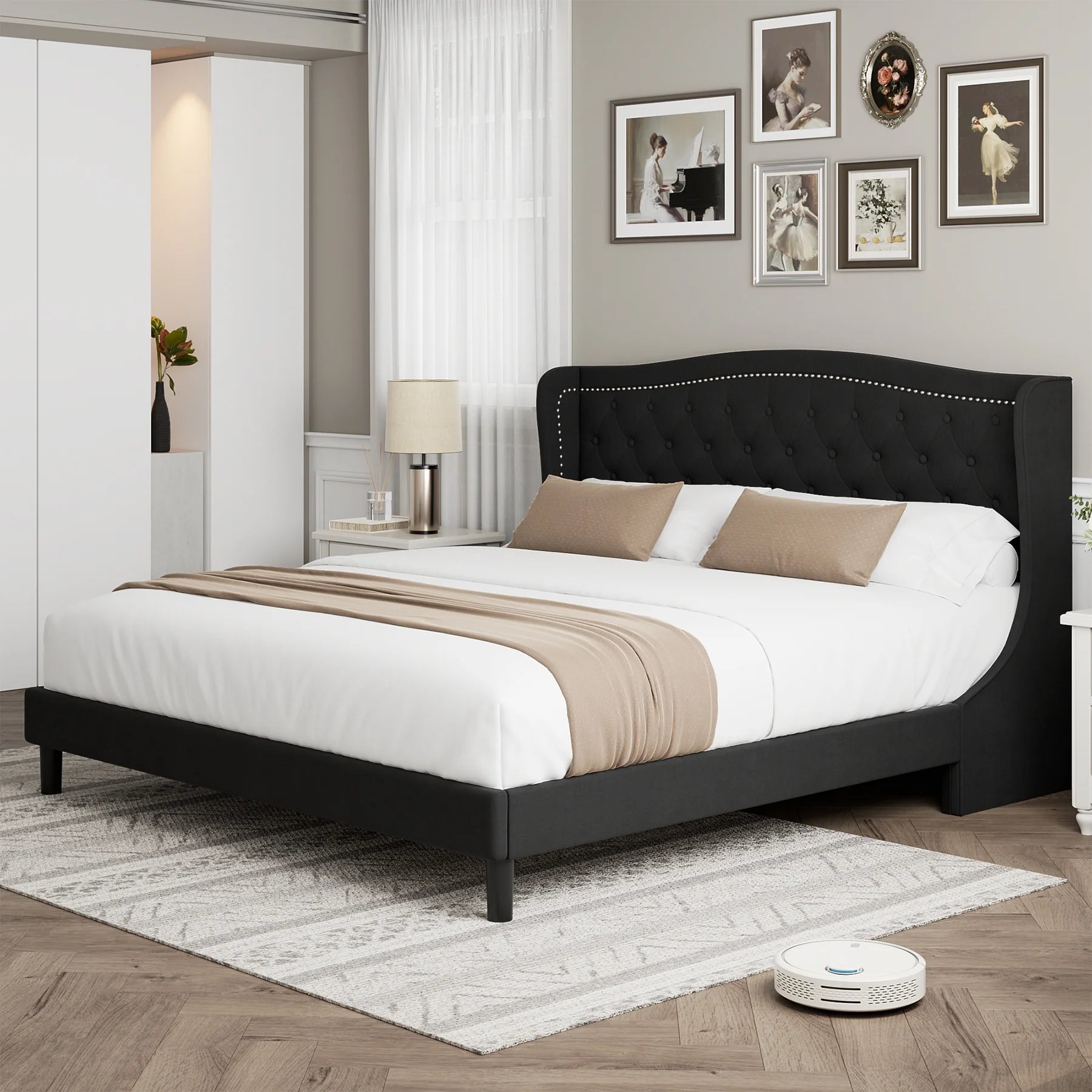 Black Full Bed Frame with Wing-Back Button Tufted Upholstered Headboard and Wood Slat Support O735681