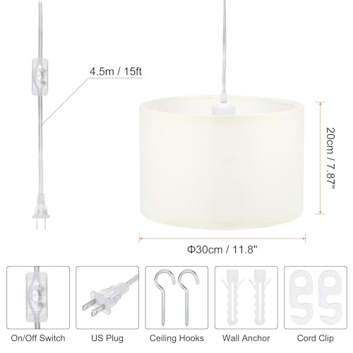 15Ft Rope Cord Hanging Lamp Fixture with On/Off Switch, White C4936