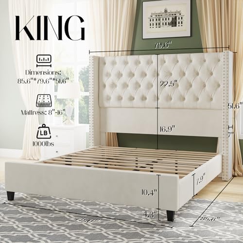 King Upholstered Bed Frame with Tall Headboard Wingback Platform Bed Tufted Deep Button Velvet Light Grey X1926