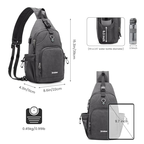 Canvas Sling Bag Crossbody Backpack with USB Charging Port (Dark Grey) E13567