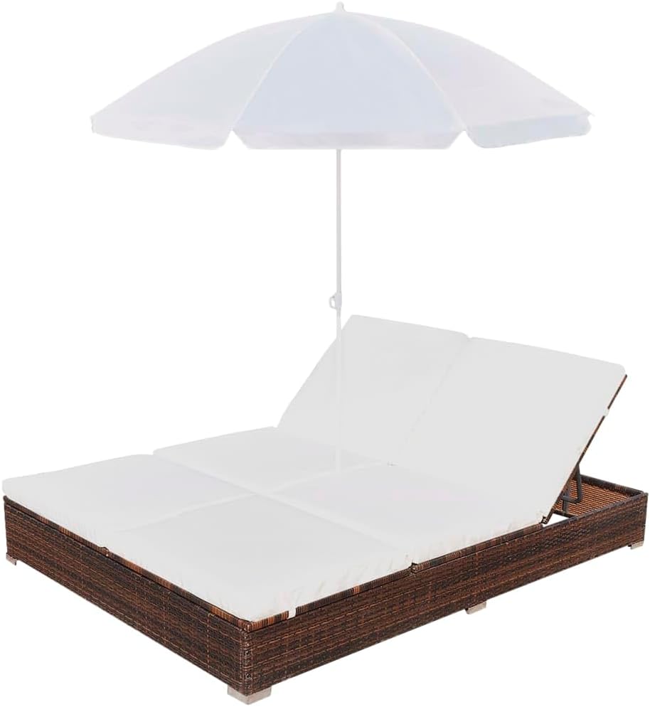 Brown Poly Rattan 2-Person Sun Lounger with Cushion and Umbrella M204