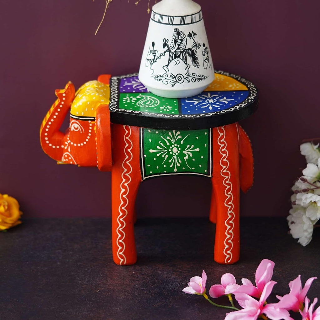 Handcrafted Emboss Painted Colorful Wooden Elephant Shape Stool Table Medium V780167