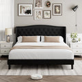 Black Full Bed Frame with Wing-Back Button Tufted Upholstered Headboard and Wood Slat Support O735681