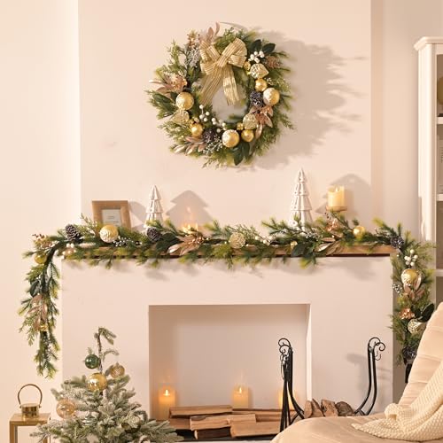 6Ft Prelit Christmas Garland with Pine Cone, Bow Ornaments (Green Gold) D810998