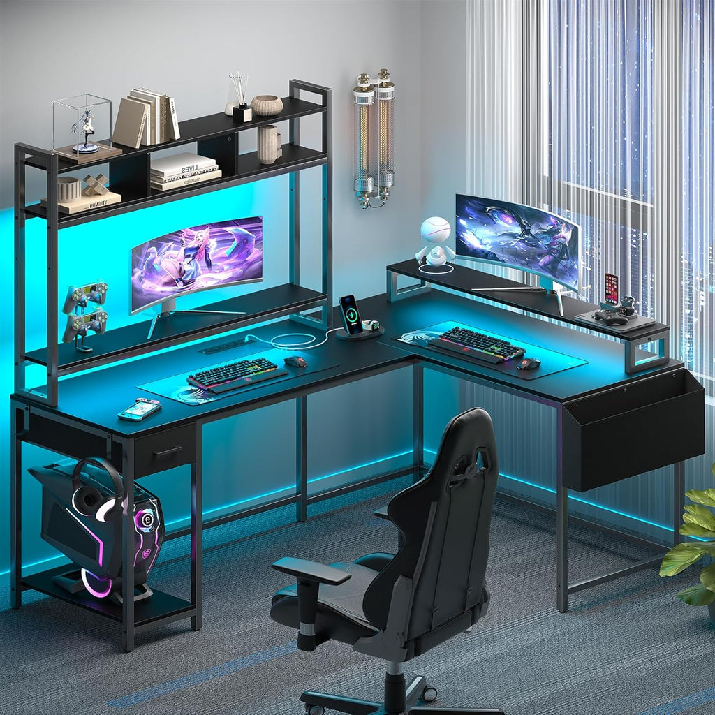 L Shaped Gaming Computer Desk with Monitor Shelf, Power Outlets & LED Lights A7639